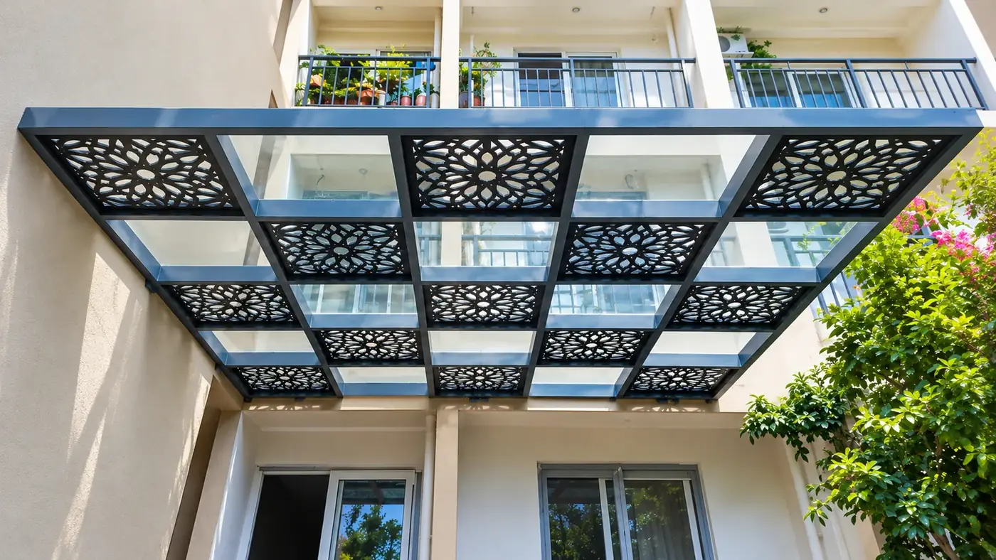 CNC decorative roof and glass canopy installed in Chennai